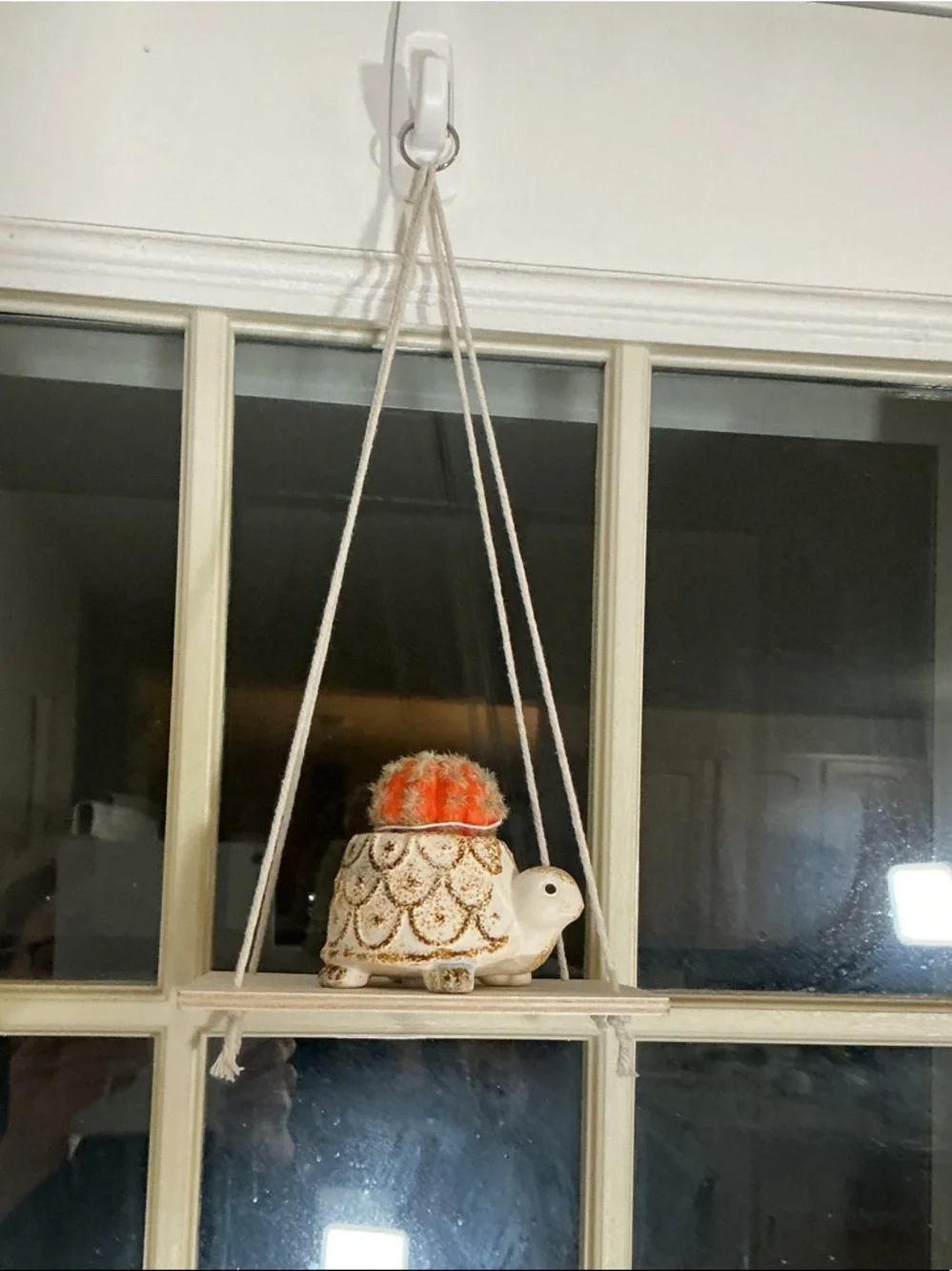 Cream Ceramic Turtle Planter with Bright Orange Faux Cactus